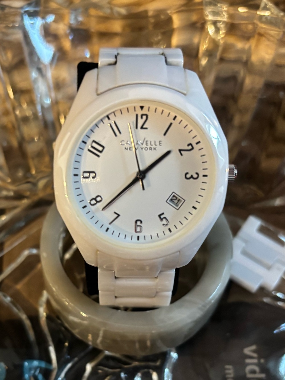 Caravelle New York by Bulova White Ceramic Watch 45M107 Date Dial w/ Extra Links